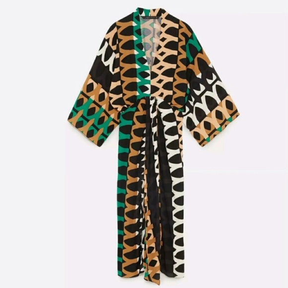 ZARA Printed Draped Kaftan Dress Safari Geo Kimono - Picture 8 of 8